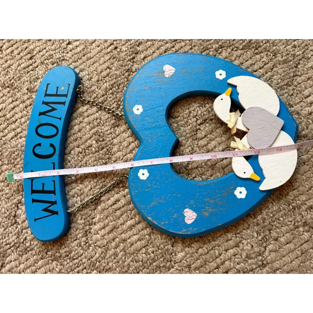 Vintage Wooden Welcome goose Sign Blue Heart Geese Country Cottage Wall Decor